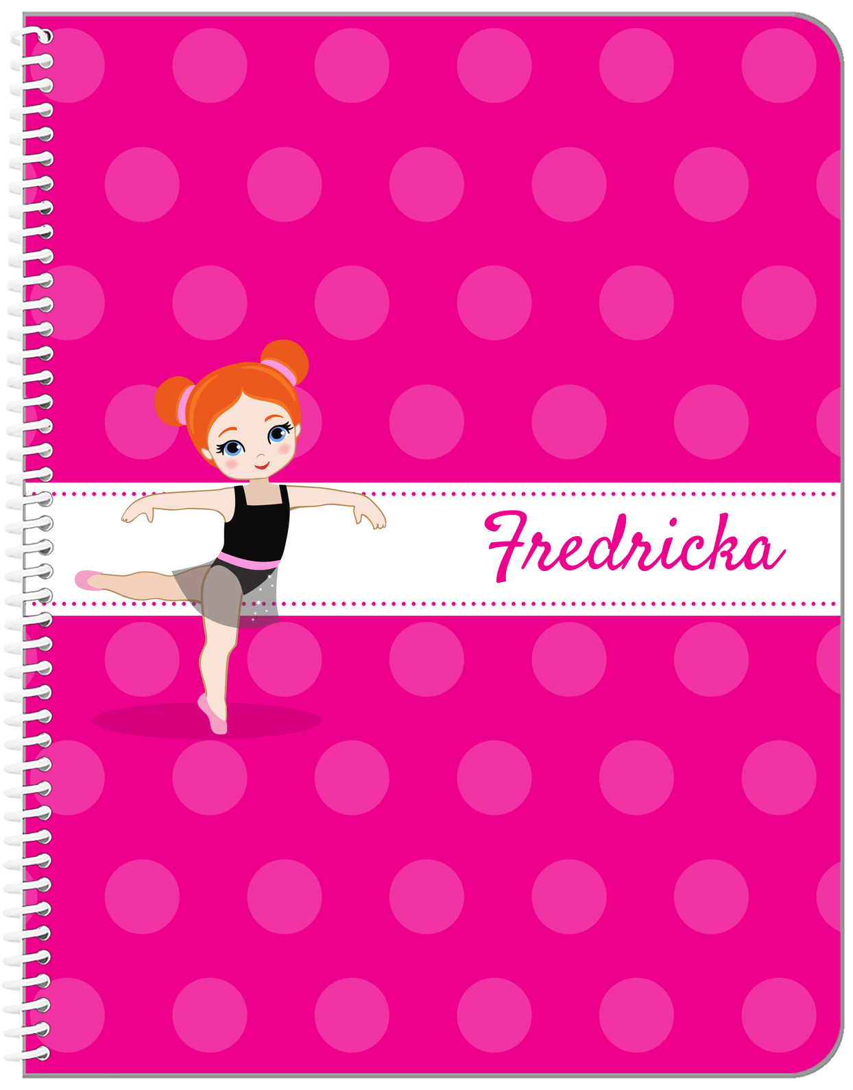 Personalized Ballerina Notebook II - Polka Dot Stripe - Redhead Ballerina - Front View