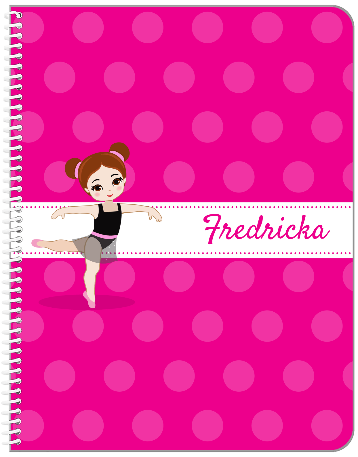 Personalized Ballerina Notebook II - Polka Dot Stripe - Brunette Ballerina - Front View