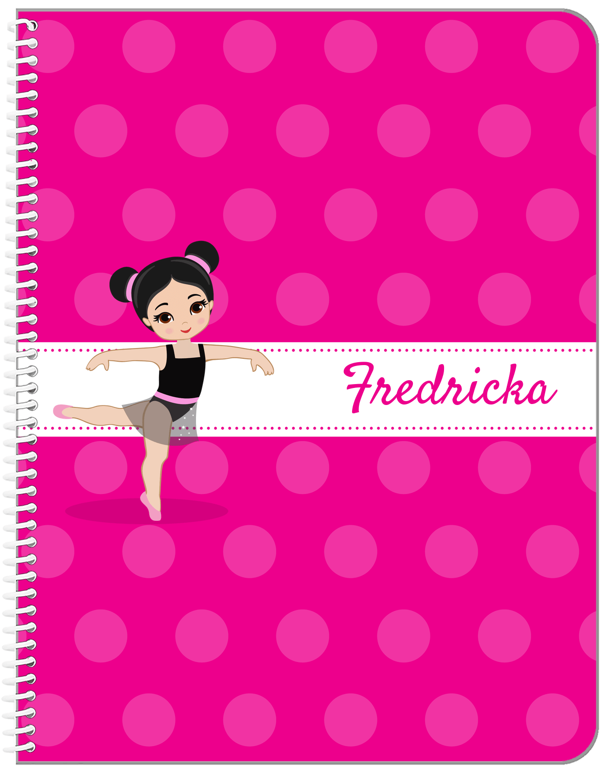 Personalized Ballerina Notebook II - Polka Dot Stripe - Black Hair Ballerina - Front View