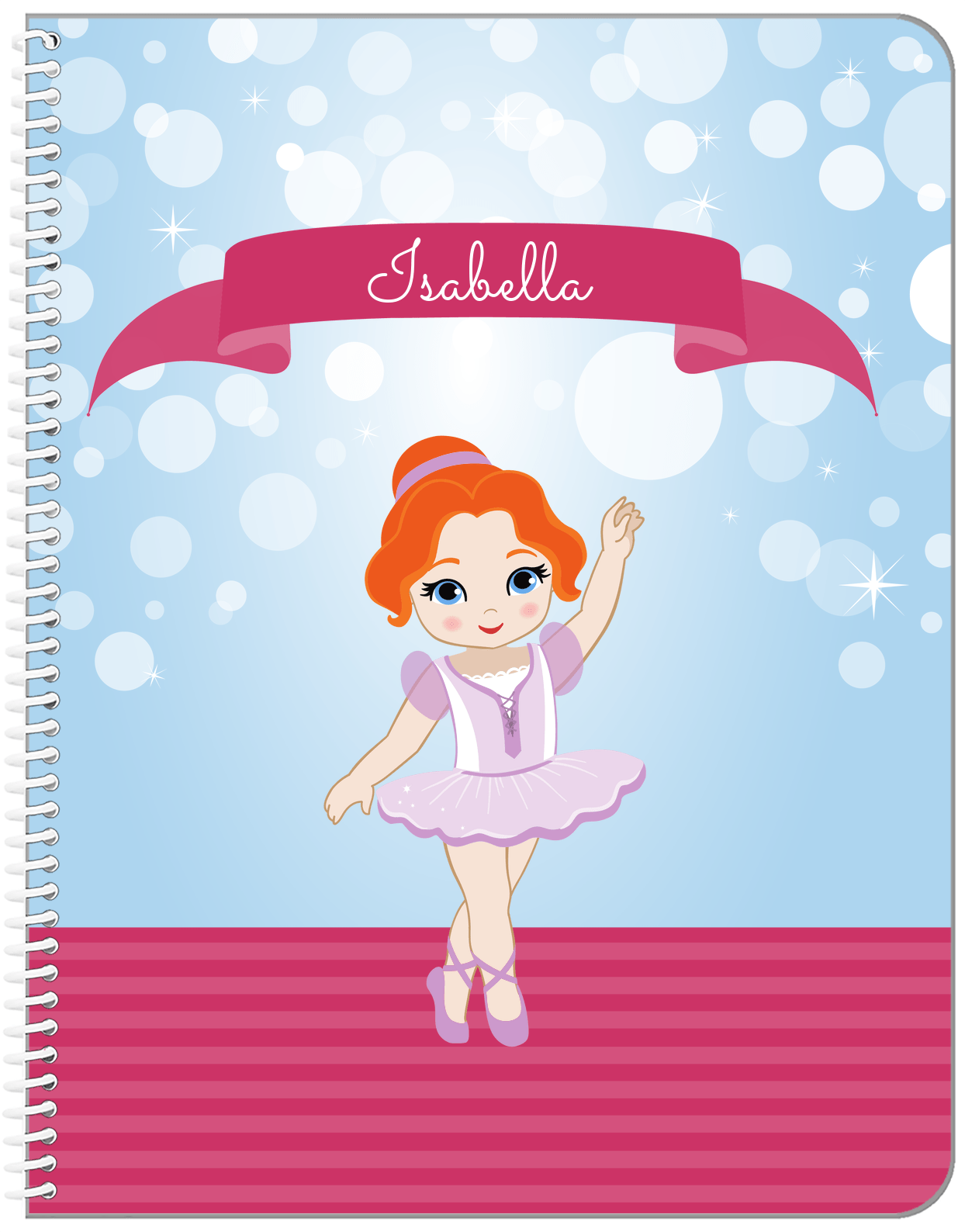 Personalized Ballerina Notebook III - Bubble Background - Redhead Ballerina - Front View