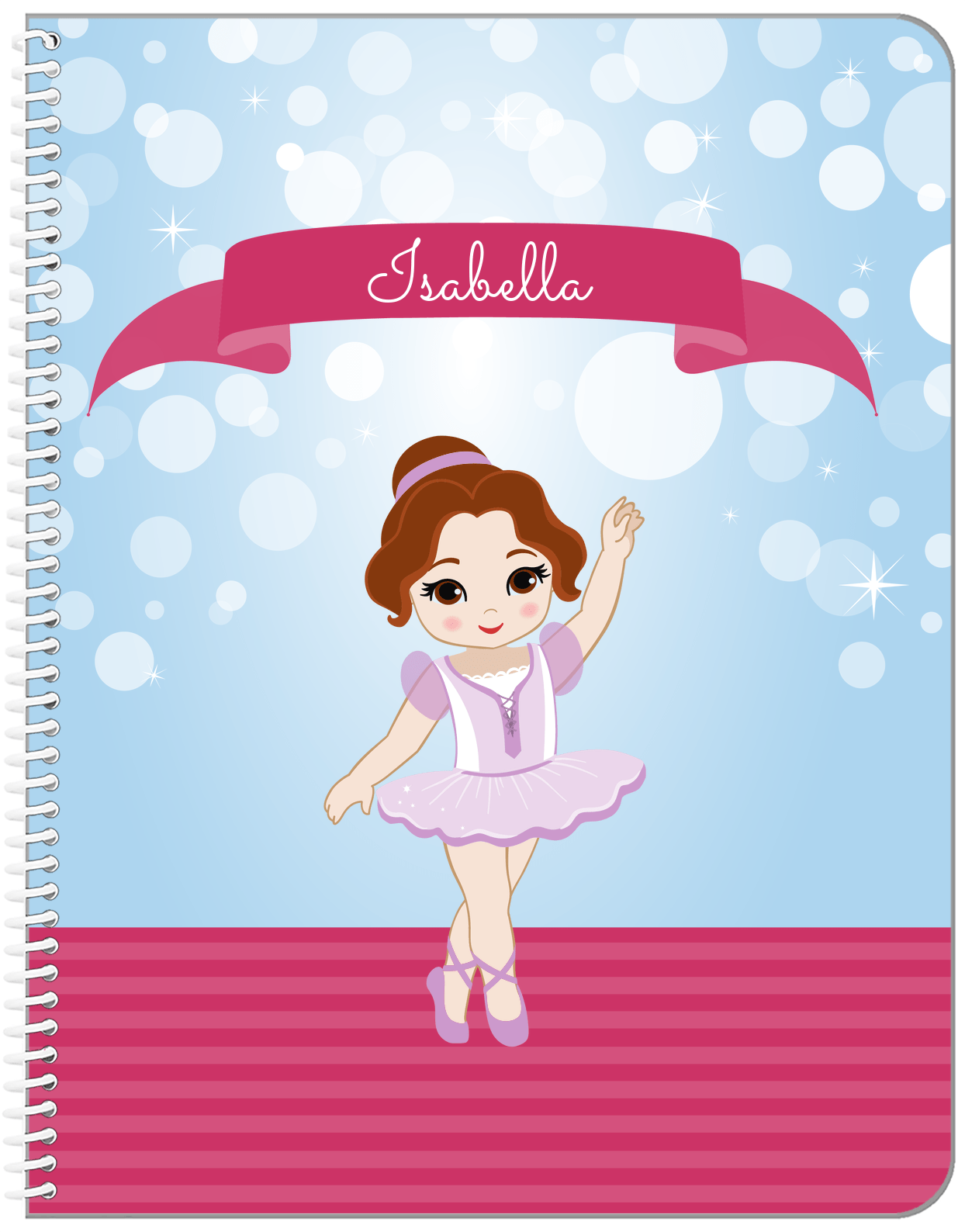 Personalized Ballerina Notebook III - Bubble Background - Brunette Ballerina - Front View