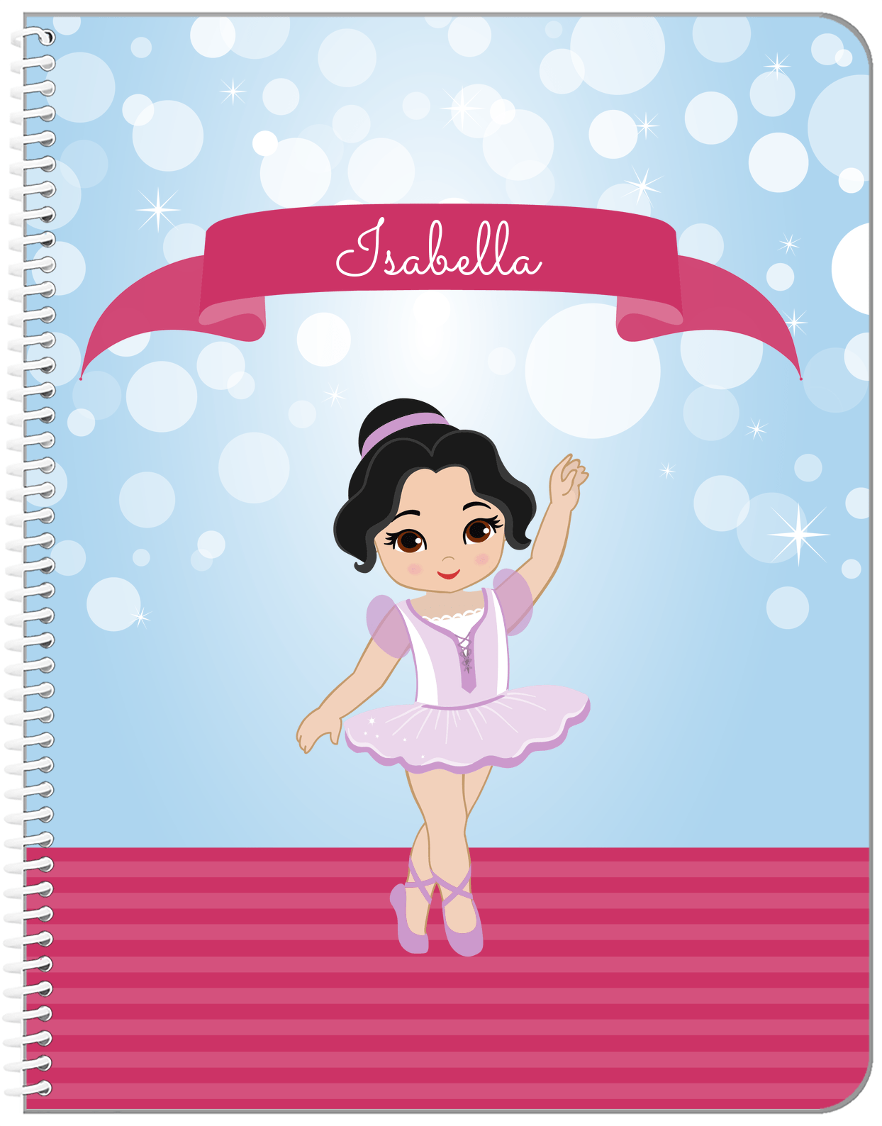 Personalized Ballerina Notebook III - Bubble Background - Black Hair Ballerina - Front View