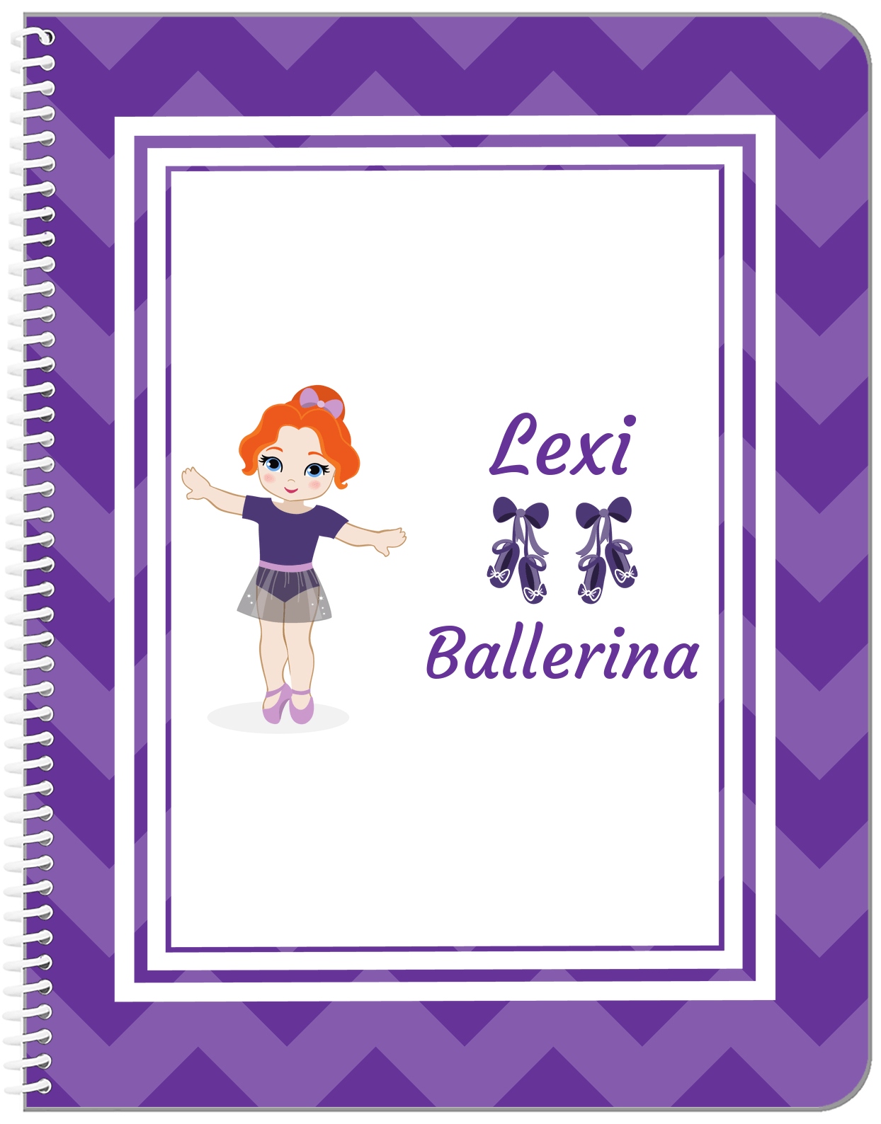 Personalized Ballerina Notebook V - Chevron - Redhead Ballerina - Front View