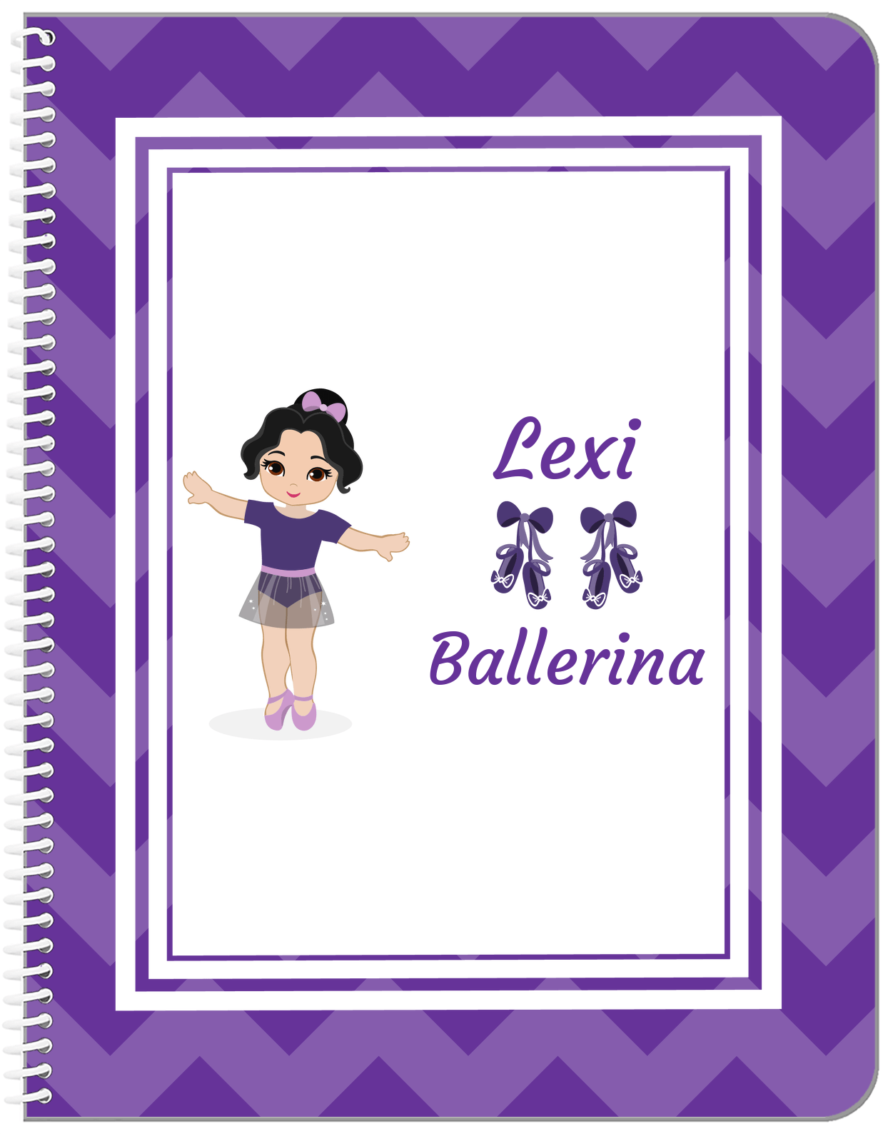 Personalized Ballerina Notebook V - Chevron - Black Hair Ballerina - Front View
