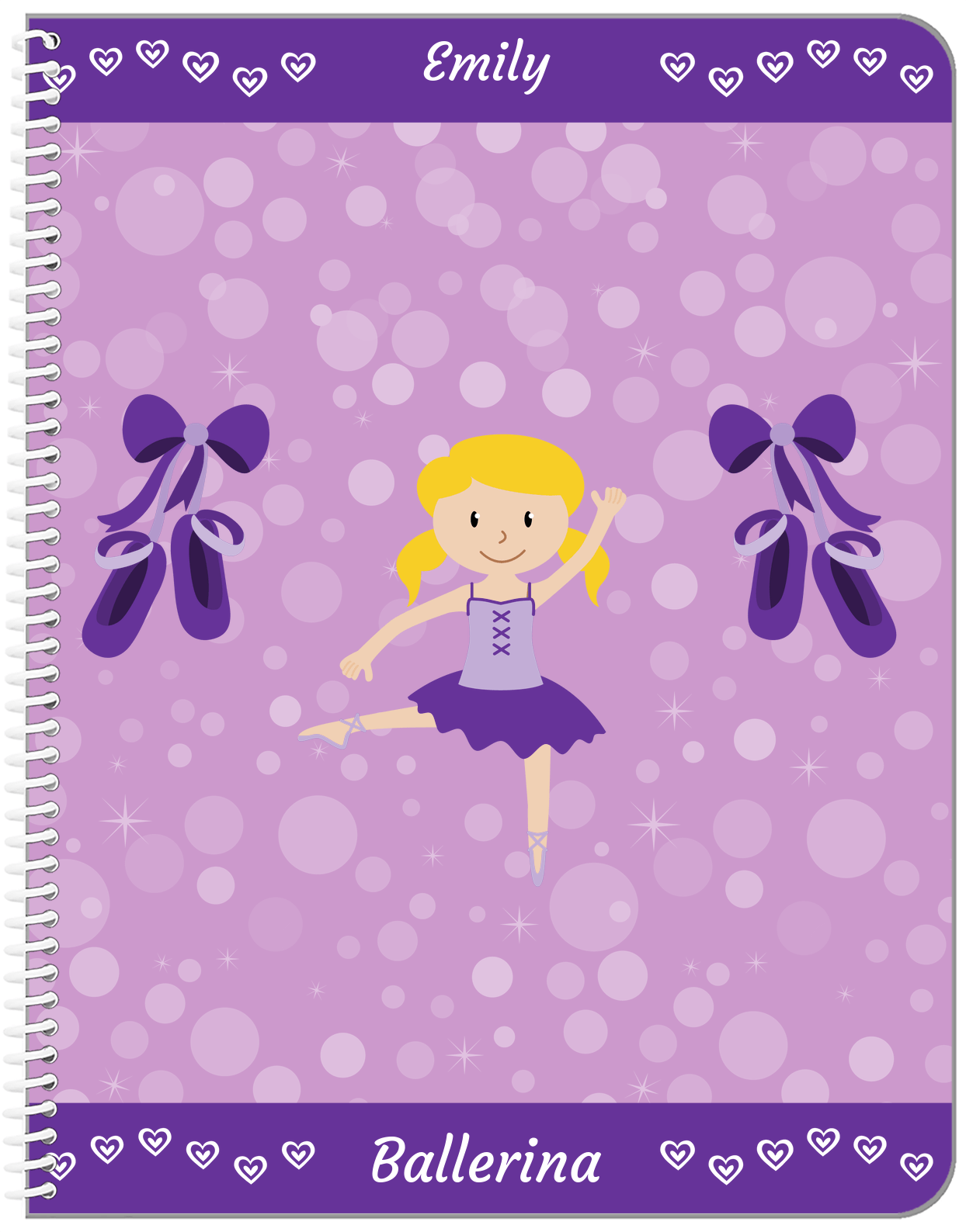 Personalized Ballerina Notebook VIII - Hearts Dance - Blonde Ballerina - Front View