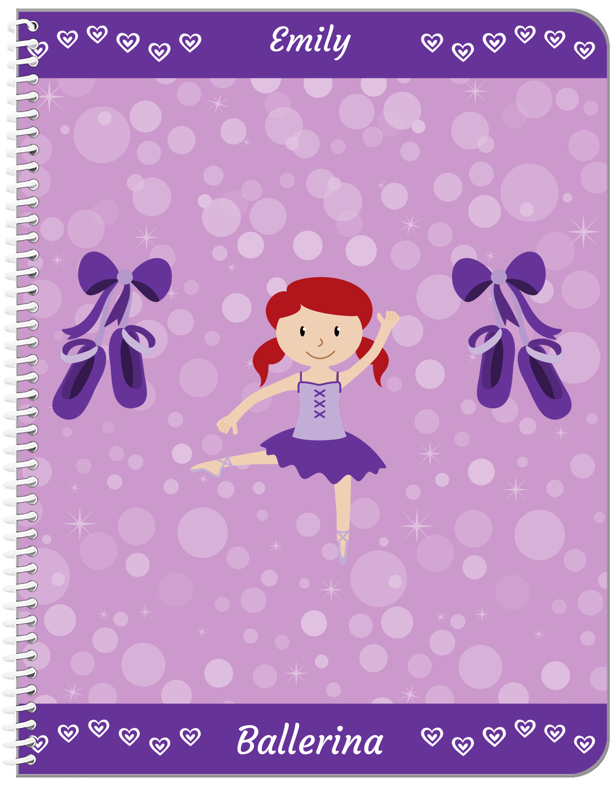 Personalized Ballerina Notebook VIII - Hearts Dance - Redhead Ballerina - Front View