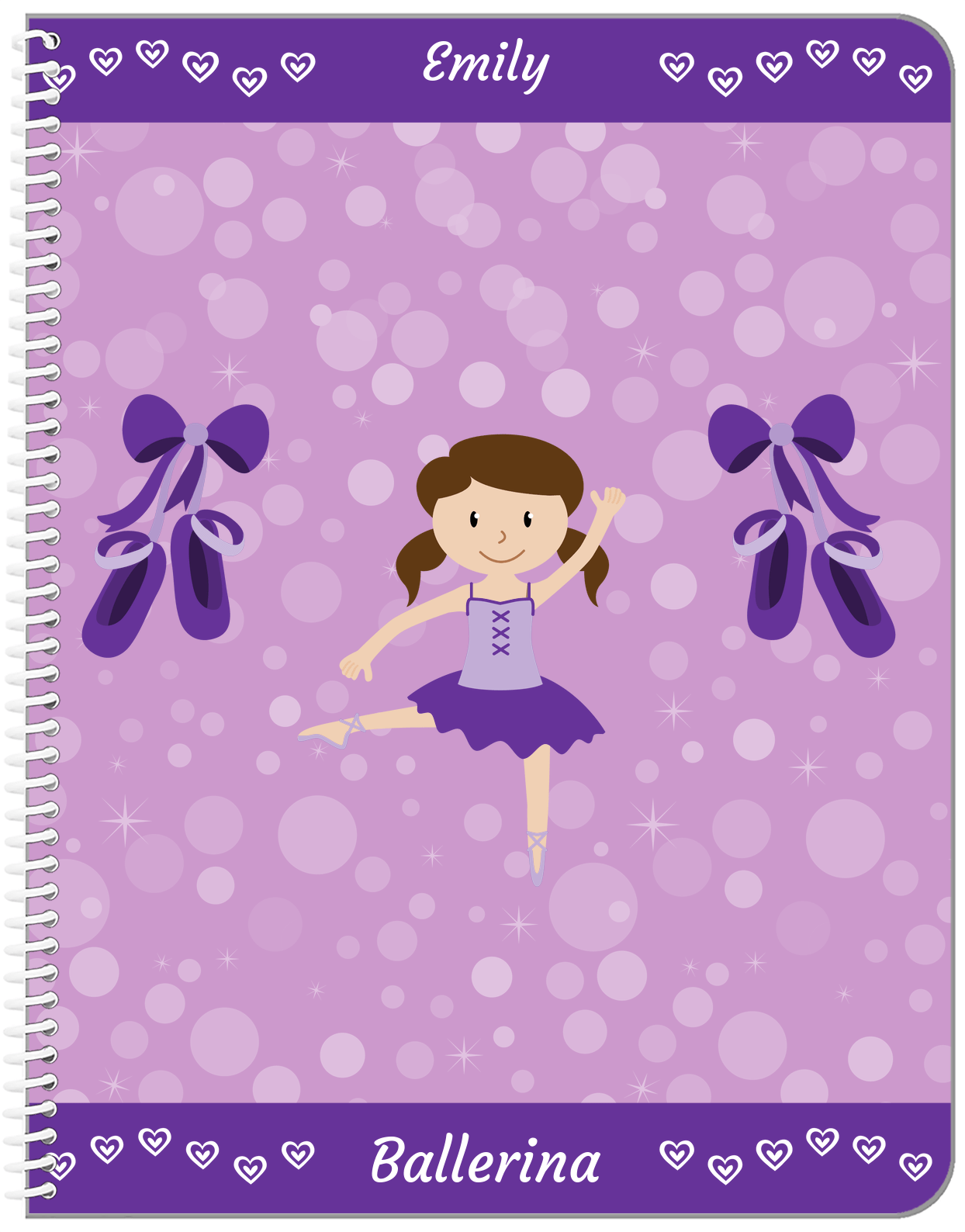Personalized Ballerina Notebook VIII - Hearts Dance - Brunette Ballerina - Front View