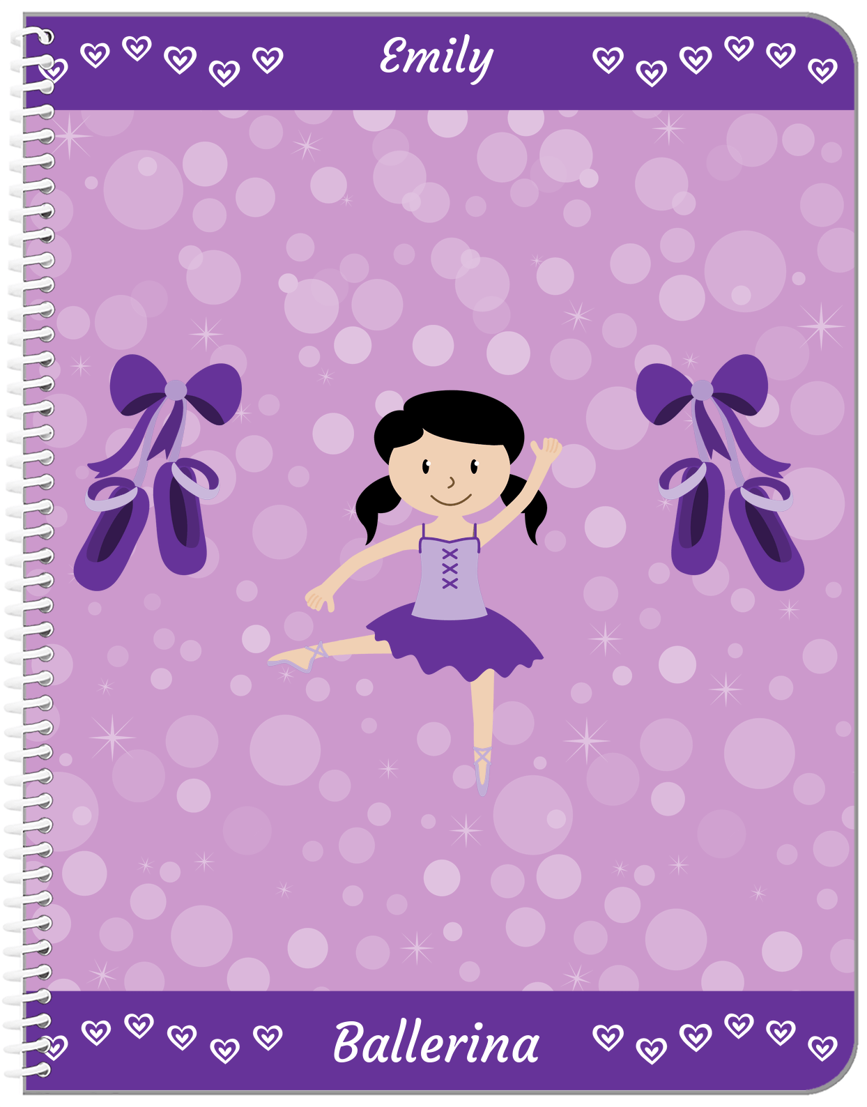 Personalized Ballerina Notebook VIII - Hearts Dance - Black Hair Ballerina - Front View