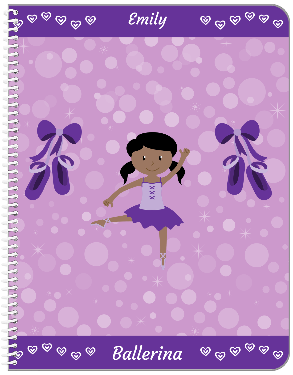 Personalized Ballerina Notebook VIII - Hearts Dance - Black Ballerina I - Front View