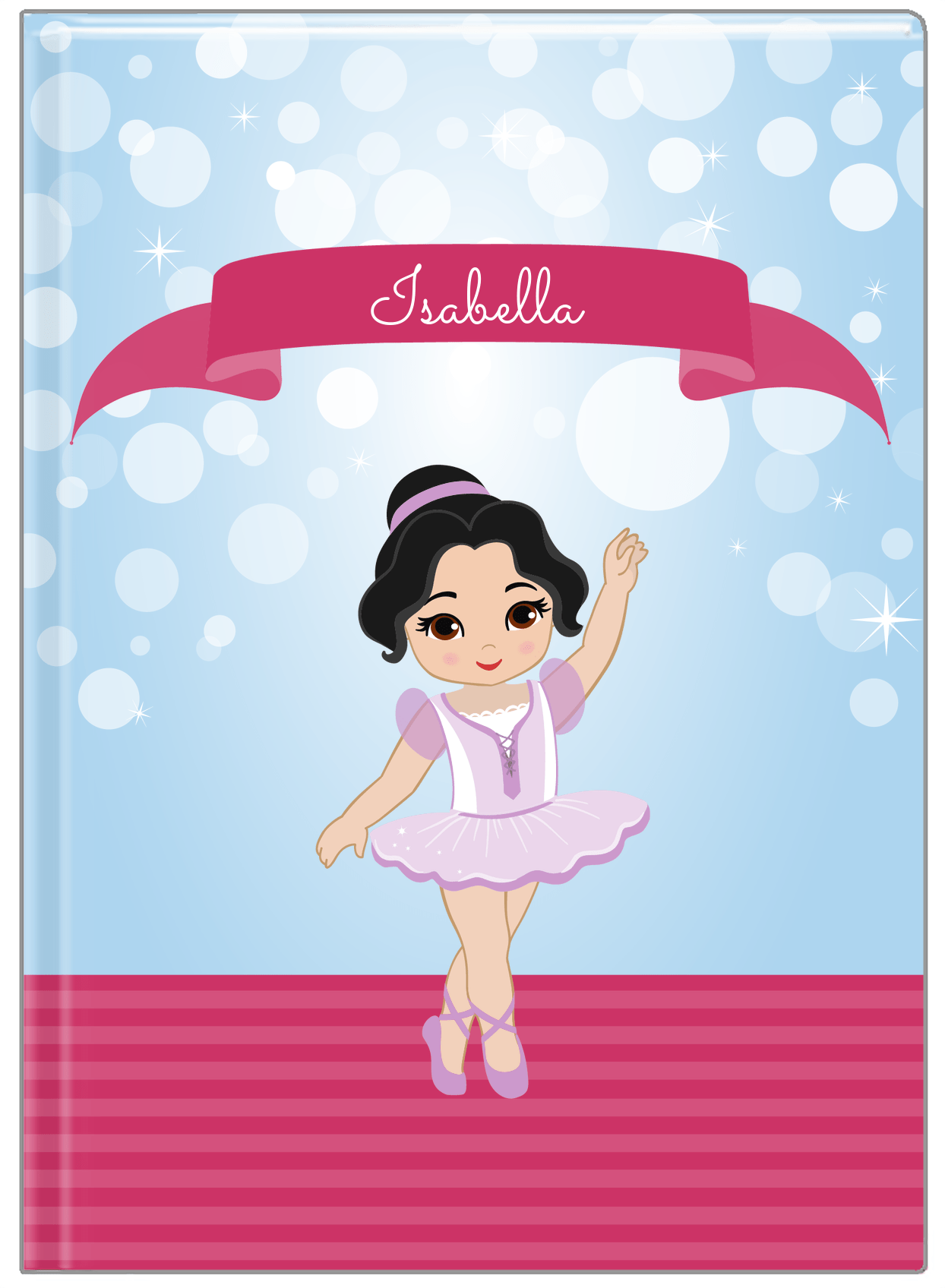Personalized Ballerina Journal III - Bubble Background - Black Hair Ballerina - Front View