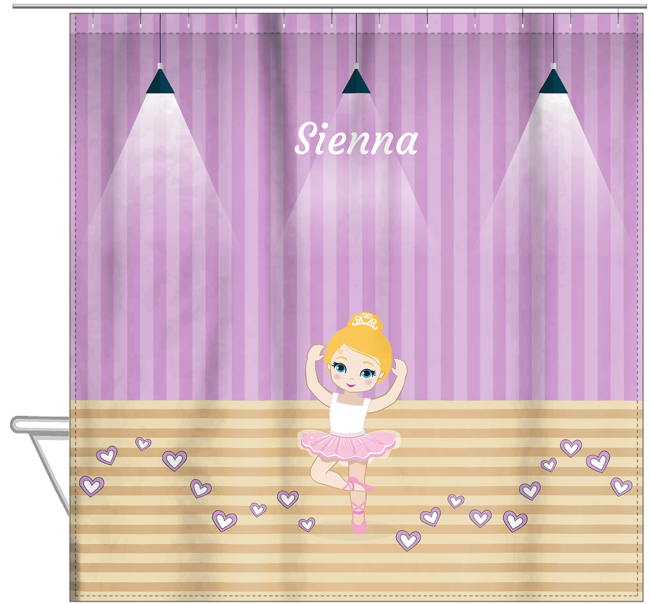 Personalized Ballerina Shower Curtain I - Studio Hearts - Blonde Ballerina - Hanging View