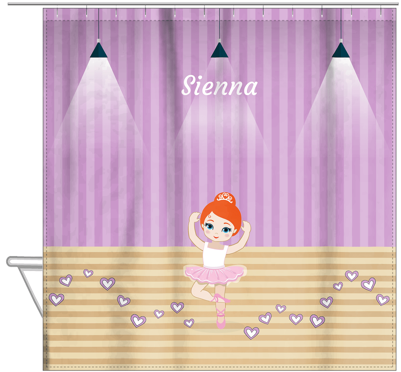 Personalized Ballerina Shower Curtain I - Studio Hearts - Redhead Ballerina - Hanging View