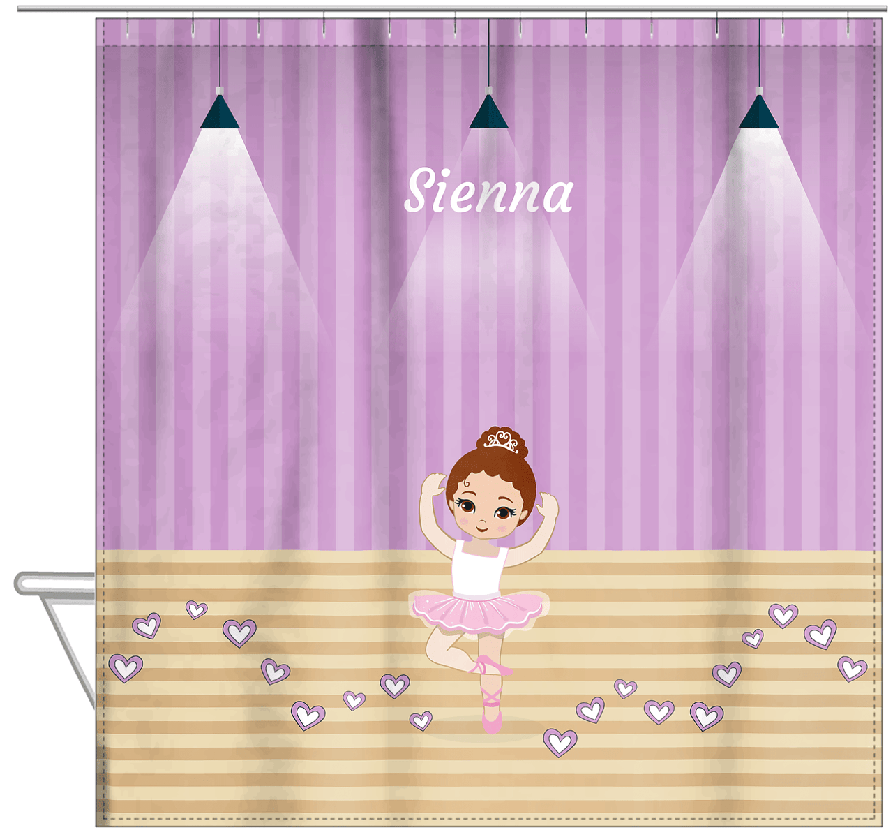 Personalized Ballerina Shower Curtain I - Studio Hearts - Brunette Ballerina - Hanging View
