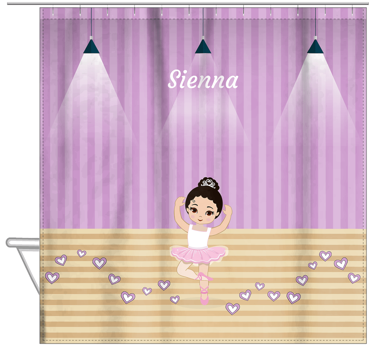 Personalized Ballerina Shower Curtain I - Studio Hearts - Black Hair Ballerina - Hanging View