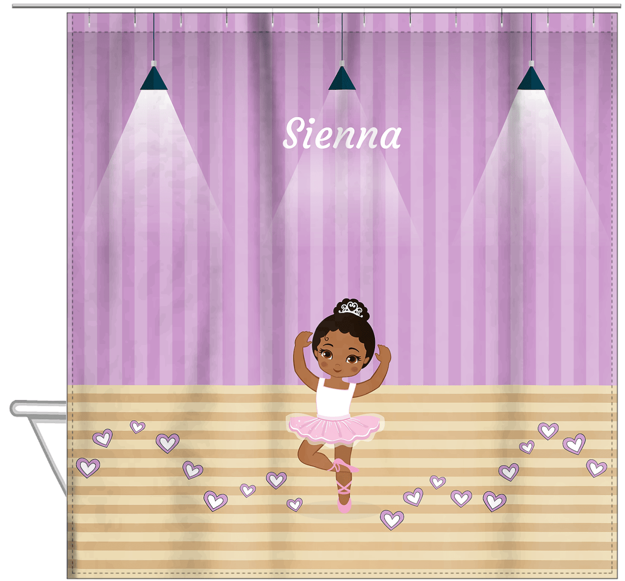 Personalized Ballerina Shower Curtain I - Studio Hearts - Black Ballerina I - Hanging View