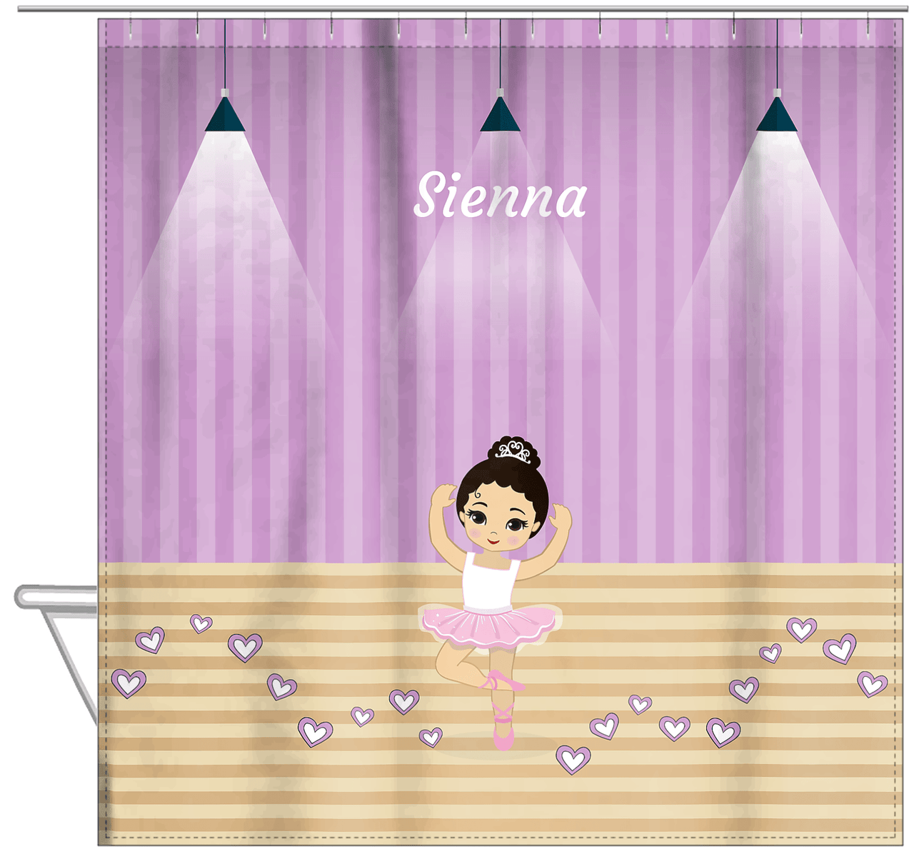 Personalized Ballerina Shower Curtain I - Studio Hearts - Asian Ballerina - Hanging View