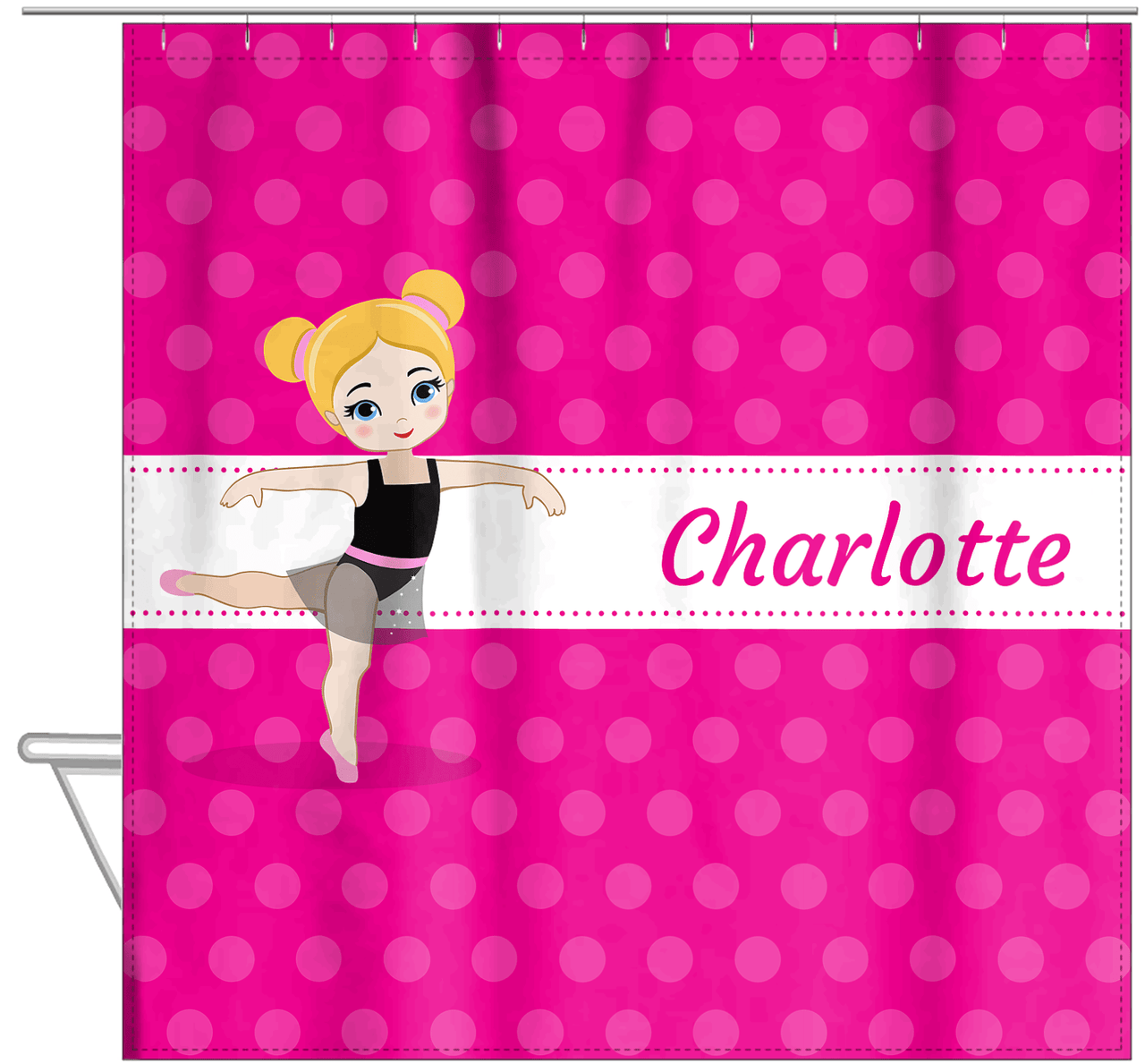 Personalized Ballerina Shower Curtain II - Polka Dot Stripe - Blonde Ballerina - Hanging View