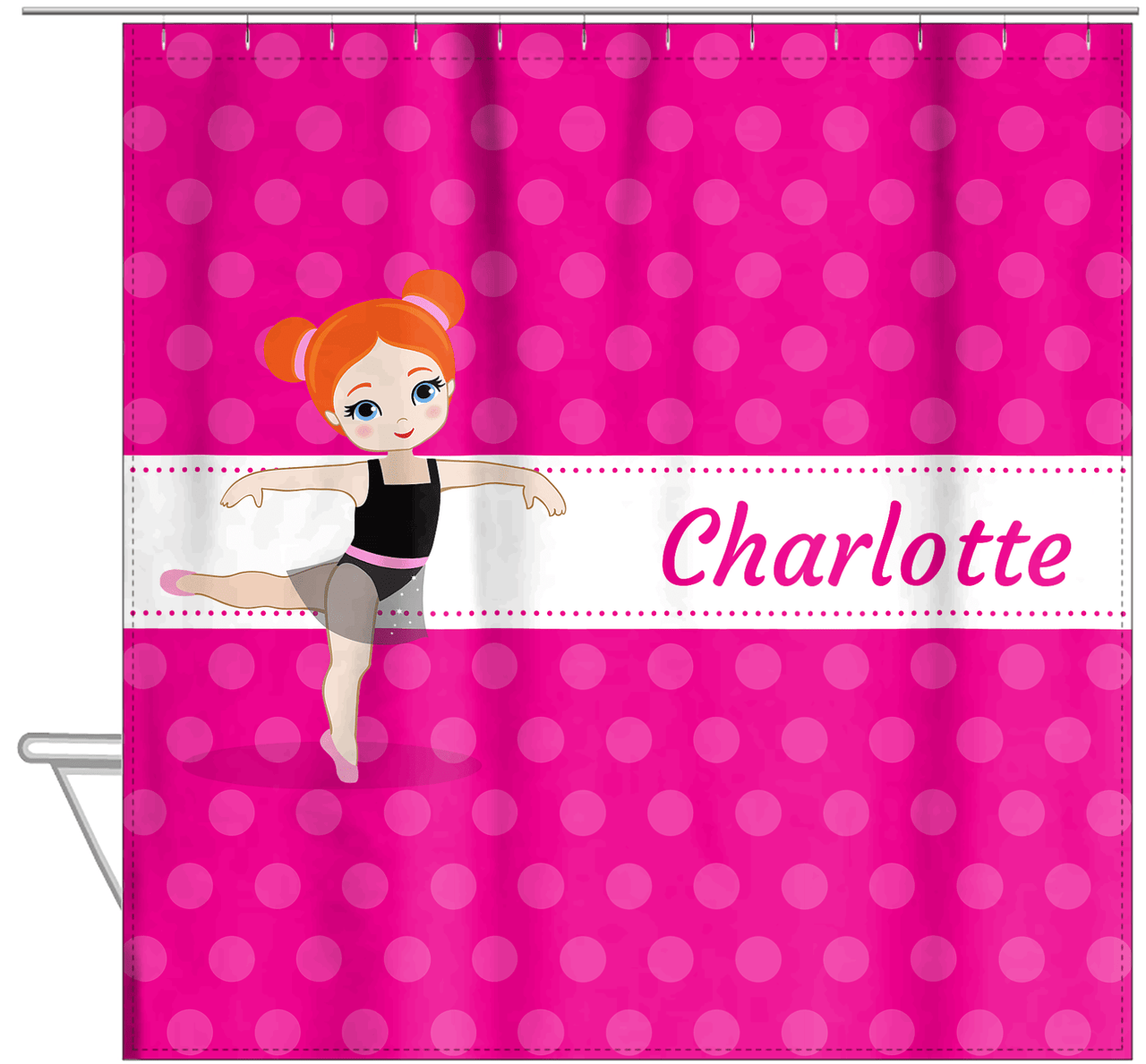 Personalized Ballerina Shower Curtain II - Polka Dot Stripe - Redhead Ballerina - Hanging View