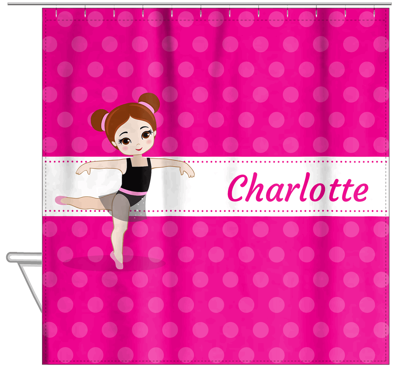 Personalized Ballerina Shower Curtain II - Polka Dot Stripe - Brunette Ballerina - Hanging View