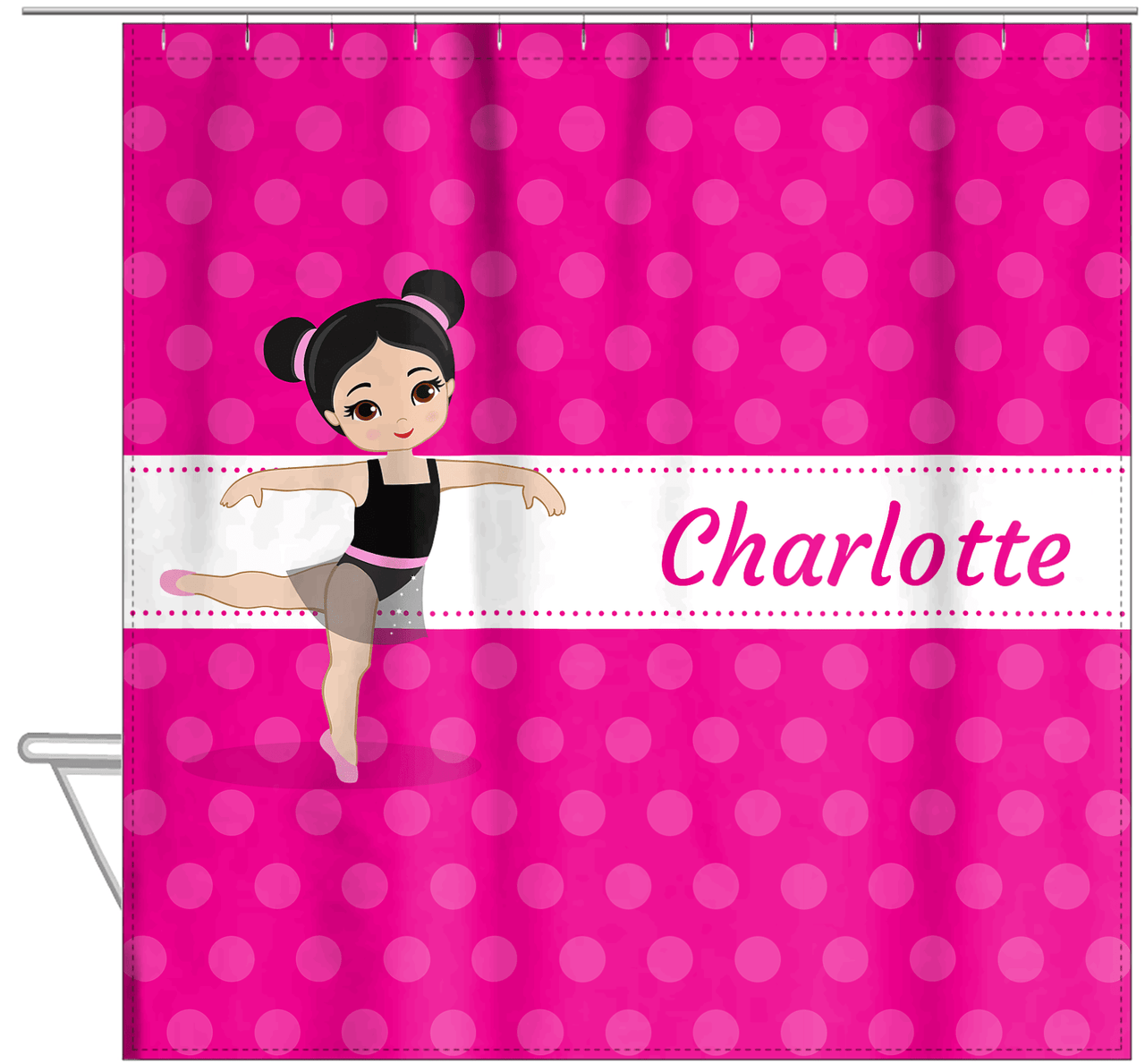 Personalized Ballerina Shower Curtain II - Polka Dot Stripe - Black Hair Ballerina - Hanging View