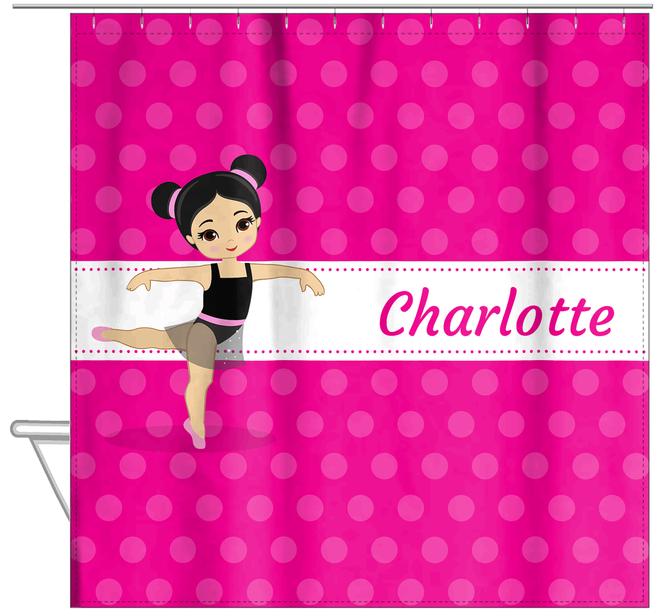 Personalized Ballerina Shower Curtain II - Polka Dot Stripe - Asian Ballerina - Hanging View