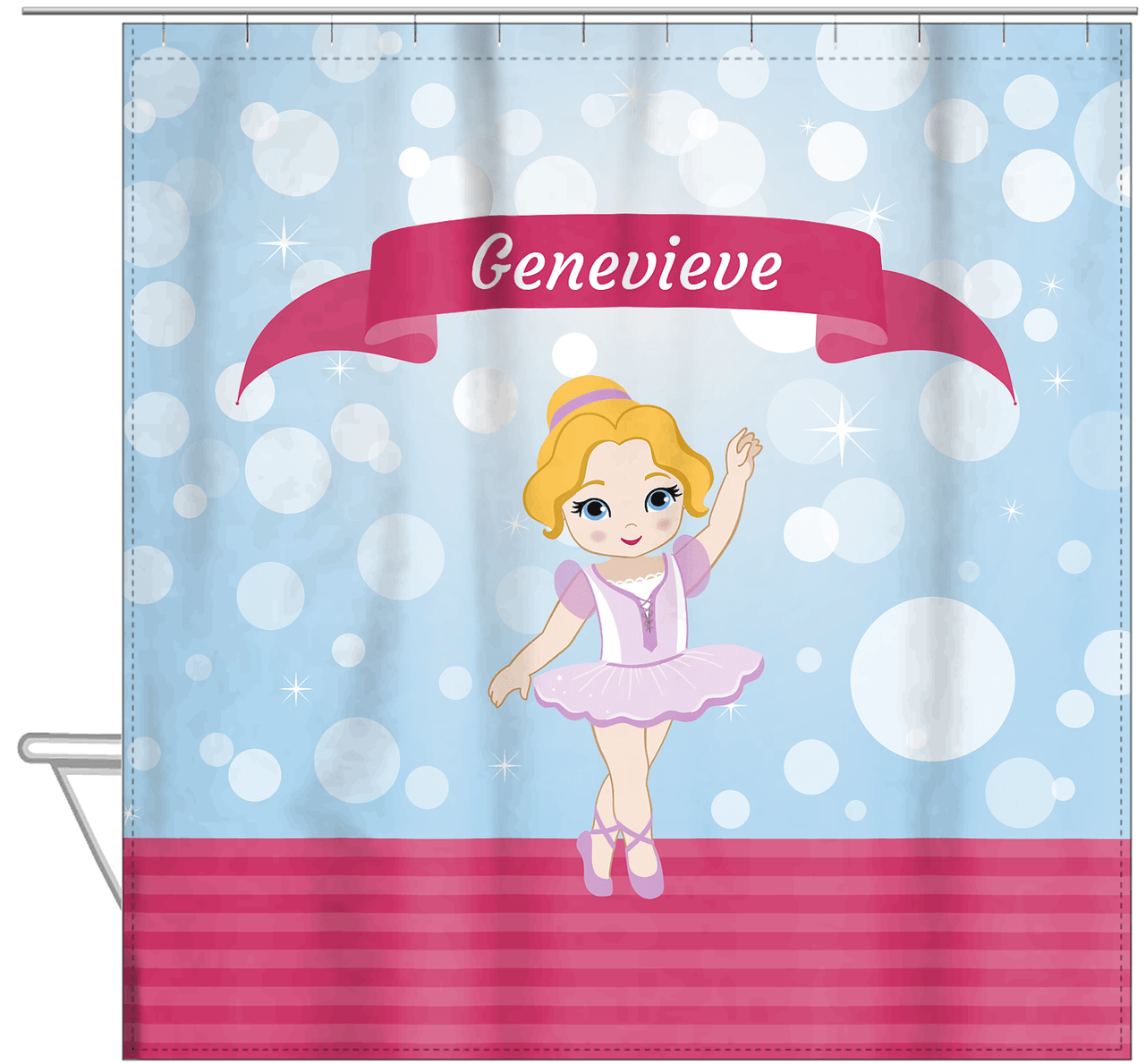 Personalized Ballerina Shower Curtain III - Bubble Background - Blonde Ballerina - Hanging View