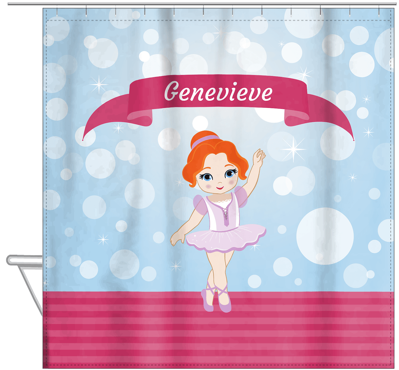 Personalized Ballerina Shower Curtain III - Bubble Background - Redhead Ballerina - Hanging View