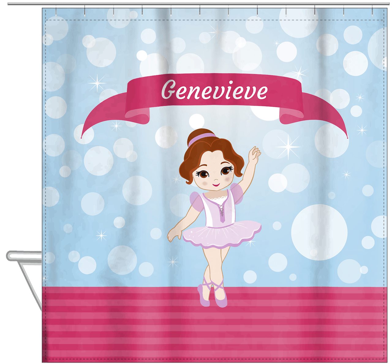 Personalized Ballerina Shower Curtain III - Bubble Background - Brunette Ballerina - Hanging View