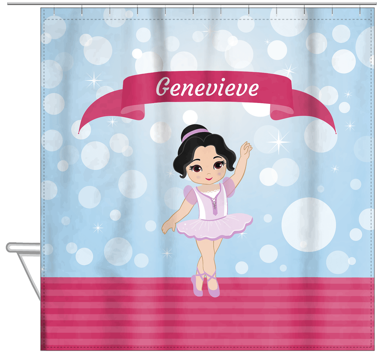 Personalized Ballerina Shower Curtain III - Bubble Background - Black Hair Ballerina - Hanging View