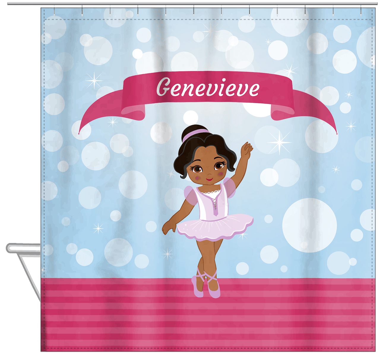 Personalized Ballerina Shower Curtain III - Bubble Background - Black Ballerina I - Hanging View