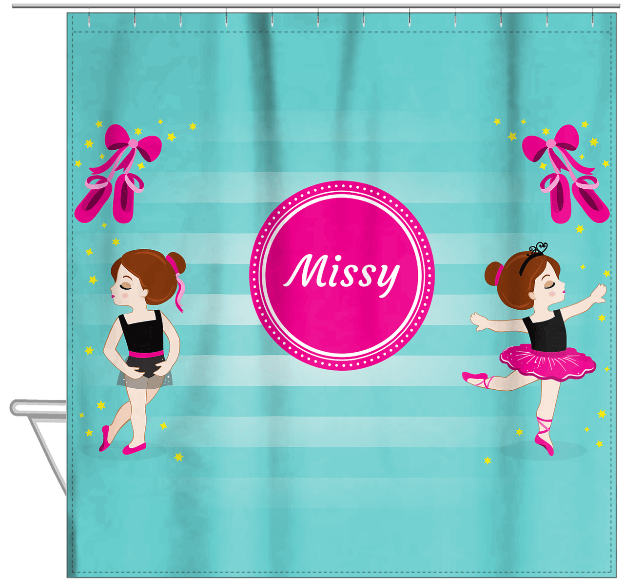 Personalized Ballerina Shower Curtain IV - Pointe Shoes - Brunette Ballerina - Hanging View