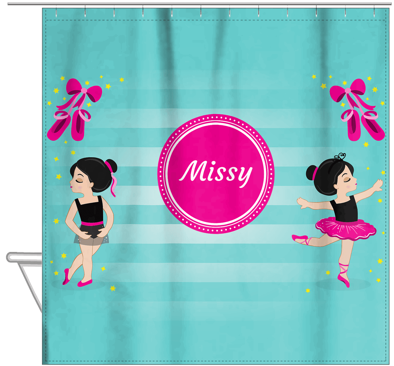 Personalized Ballerina Shower Curtain IV - Pointe Shoes - Black Hair Ballerina - Hanging View