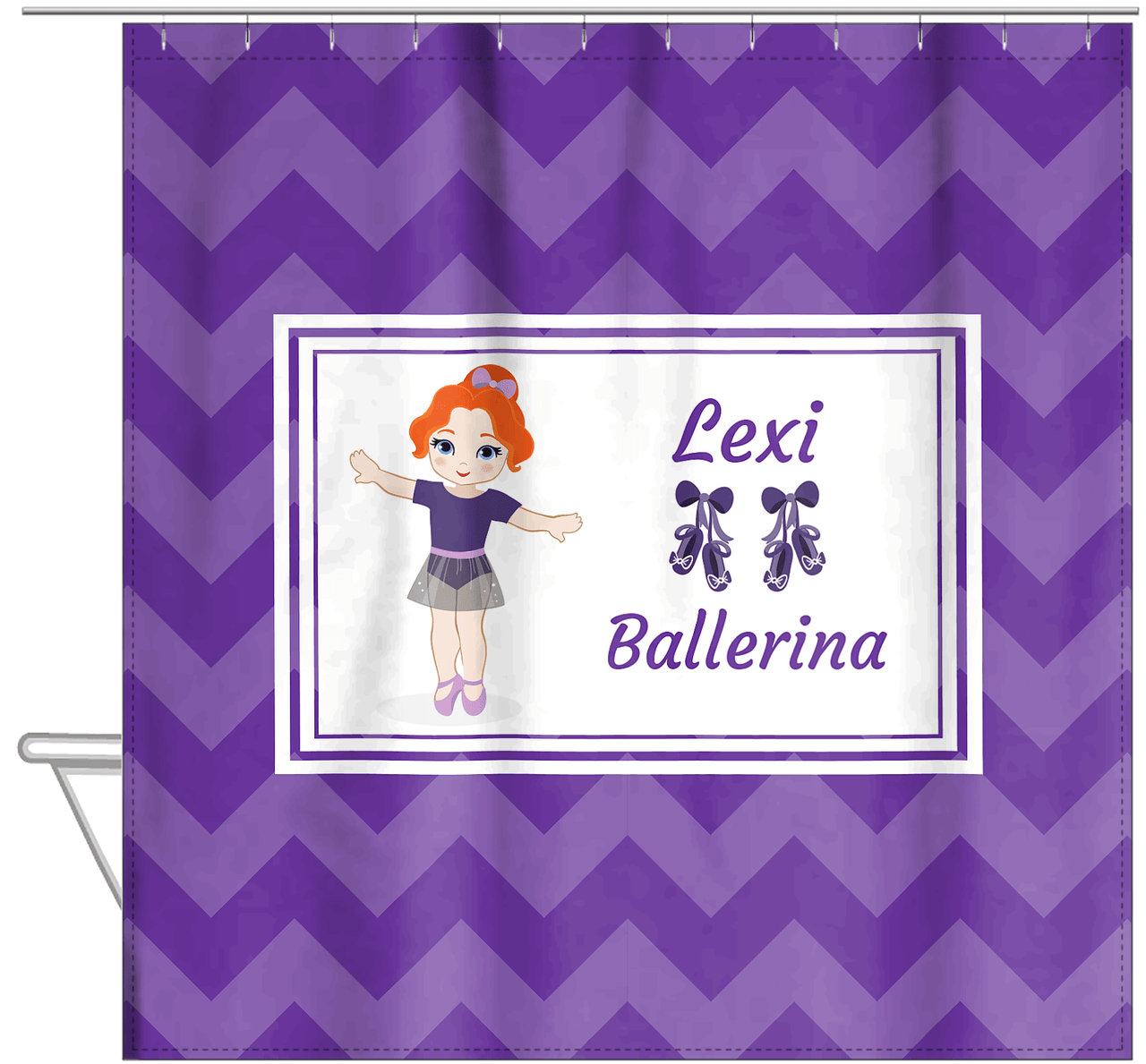Personalized Ballerina Shower Curtain V - Chevron - Redhead Ballerina - Hanging View