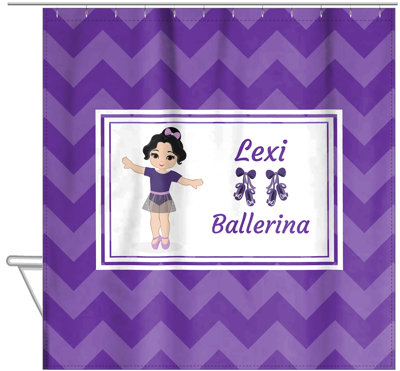 Personalized Ballerina Shower Curtain V - Chevron - Black Hair Ballerina - Hanging View