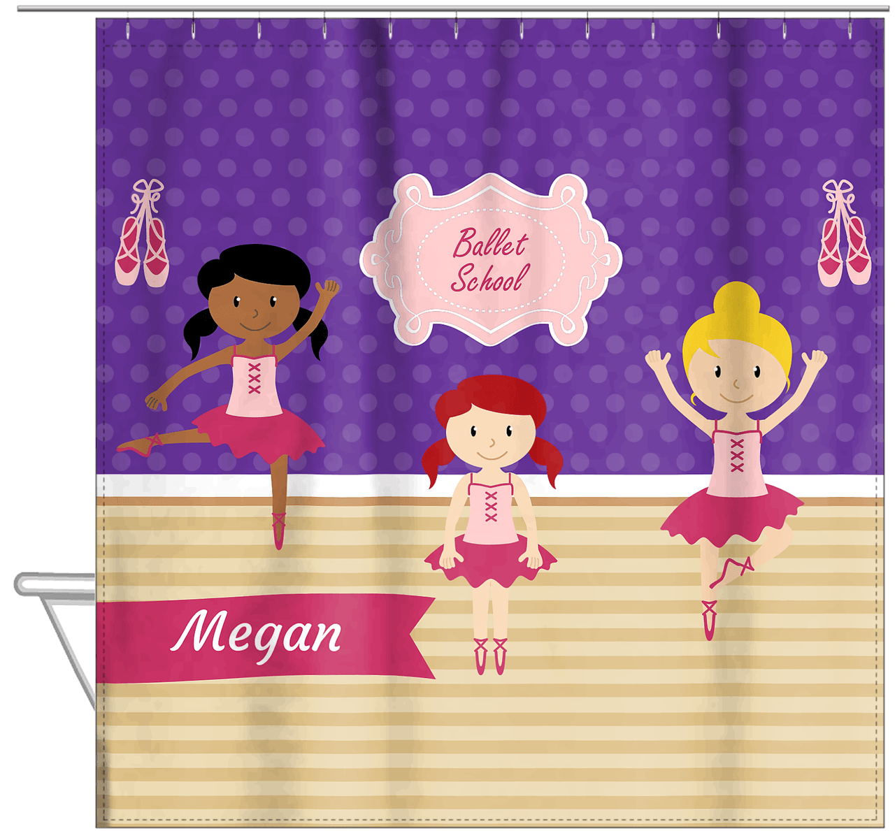 Personalized Ballerina Shower Curtain VI - Ballet School - Purple Background - Hanging View