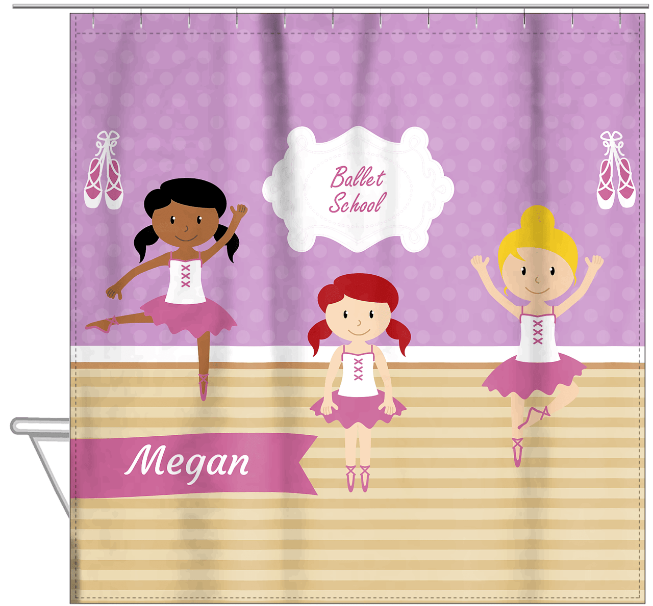 Personalized Ballerina Shower Curtain VI - Ballet School - Lilac Background - Hanging View