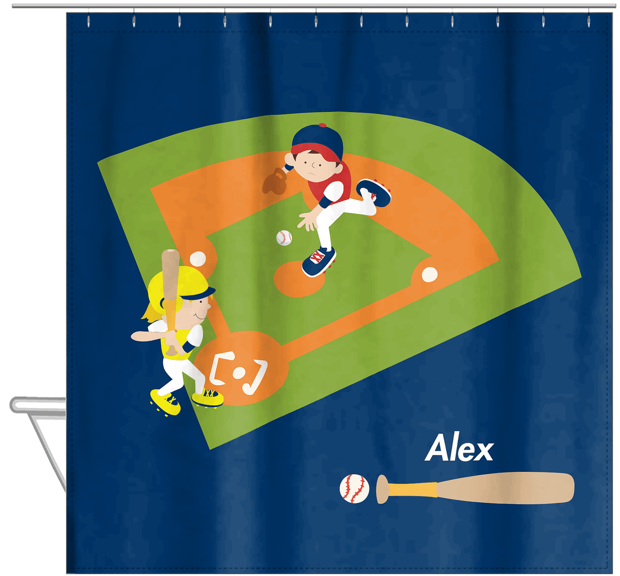 Personalized Baseball Shower Curtain I - Blue Background - Blond Boy - Hanging View