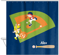 Thumbnail for Personalized Baseball Shower Curtain I - Blue Background - Blond Boy - Hanging View