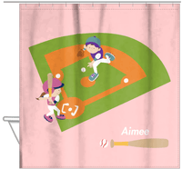 Thumbnail for Personalized Baseball Shower Curtain II - Pink Background - Blonde Girl - Hanging View