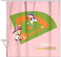 Thumbnail for Personalized Baseball Shower Curtain II - Pink Background - Brunette Girl - Hanging View