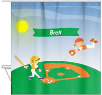 Thumbnail for Personalized Baseball Shower Curtain III - Blue Background - Blond Boy - Hanging View
