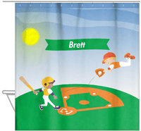 Thumbnail for Personalized Baseball Shower Curtain III - Blue Background - Black Boy II - Hanging View