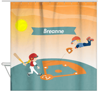 Thumbnail for Personalized Baseball Shower Curtain IV - Orange Background - Blonde Girl - Hanging View