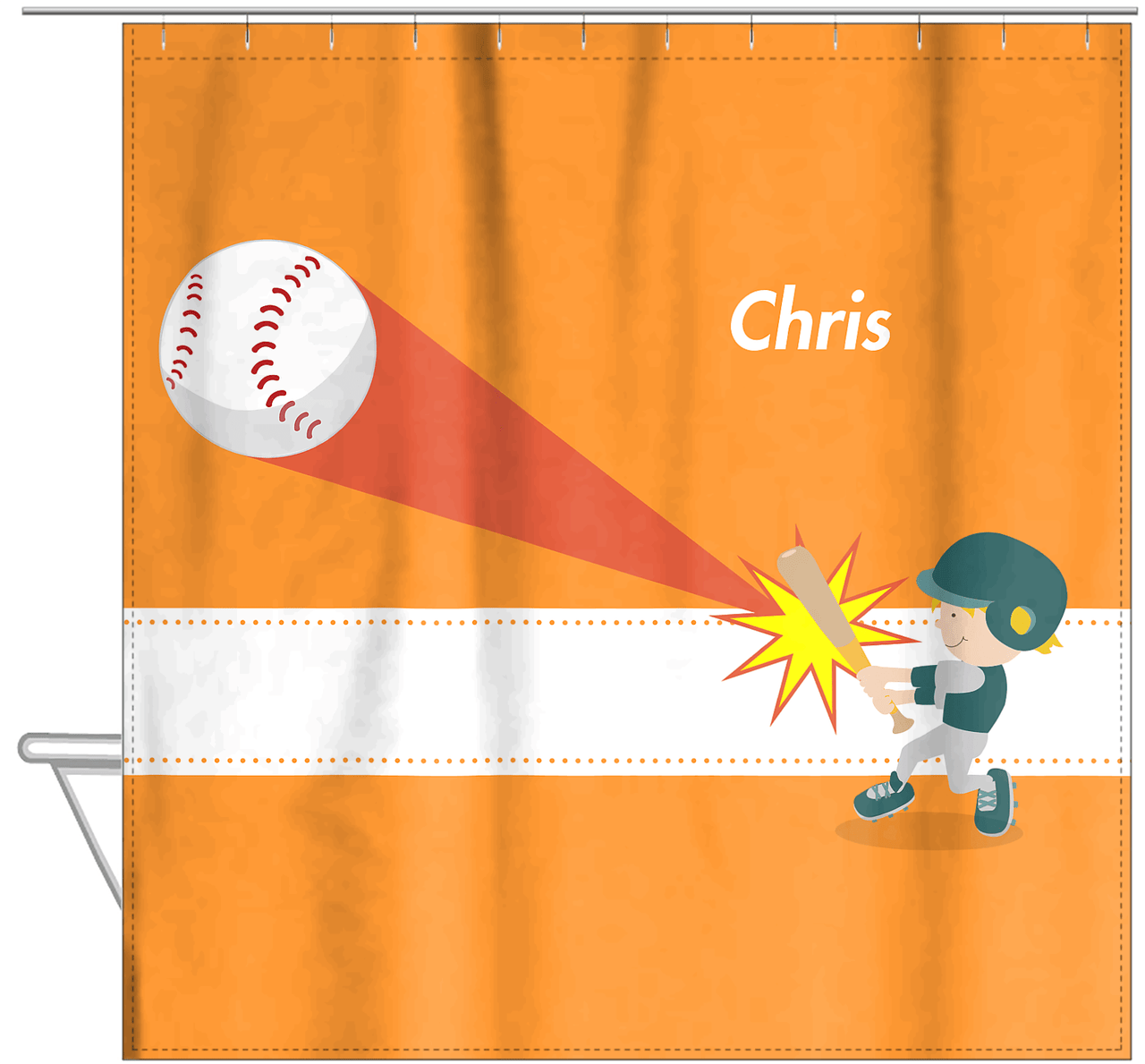 Personalized Baseball Shower Curtain V - Orange Background - Blond Boy - Hanging View
