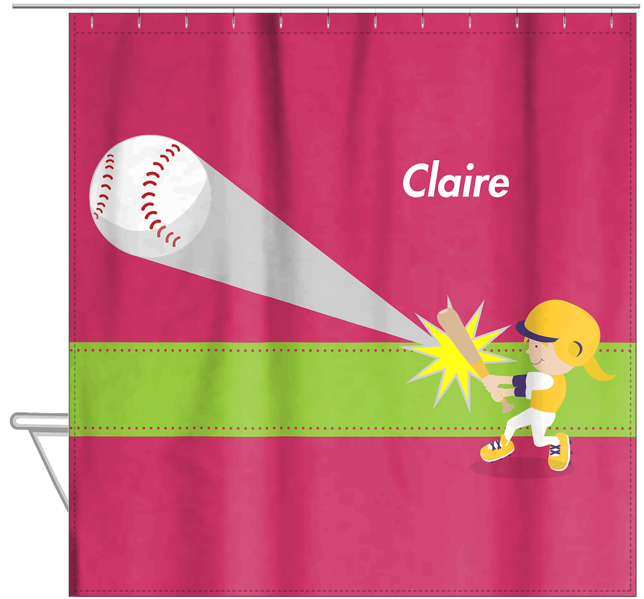 Personalized Baseball Shower Curtain VI - Red Background - Blonde Girl - Hanging View