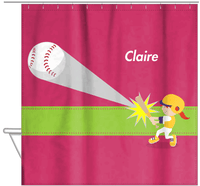 Thumbnail for Personalized Baseball Shower Curtain VI - Red Background - Redhead Girl - Hanging View