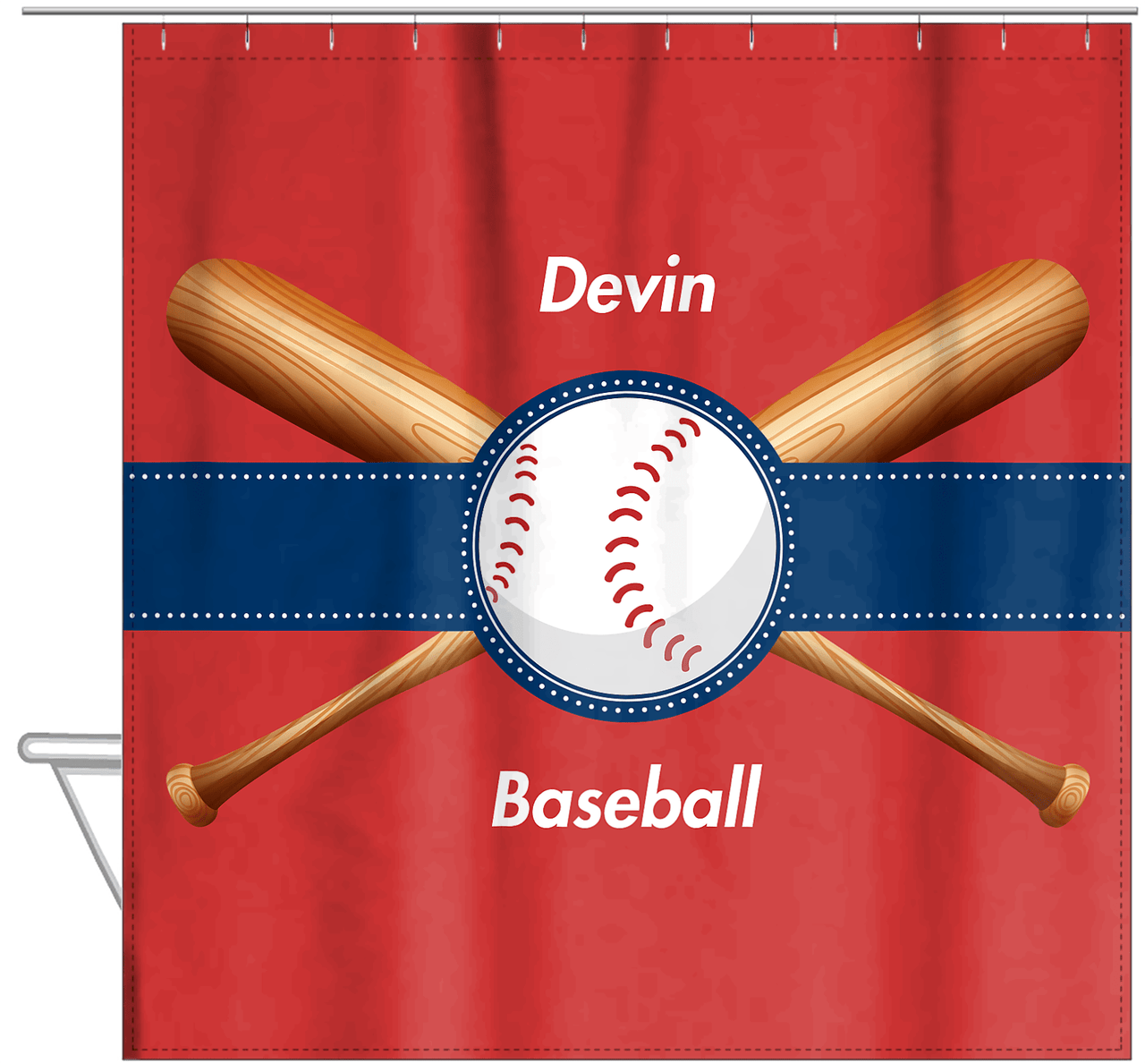 Personalized Baseball Shower Curtain VII - Red Background - Hanging View