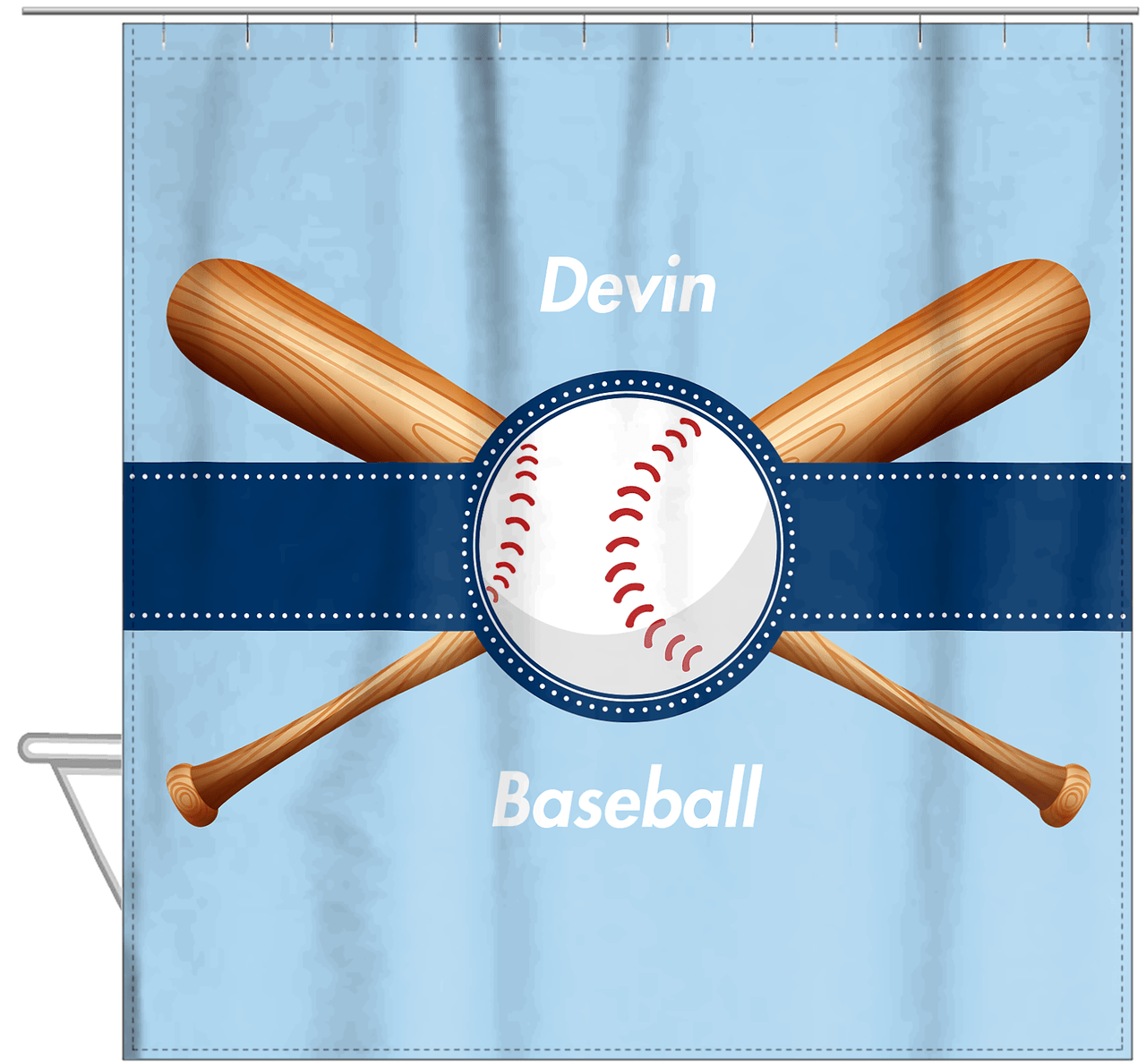 Personalized Baseball Shower Curtain VII - Blue Background - Hanging View