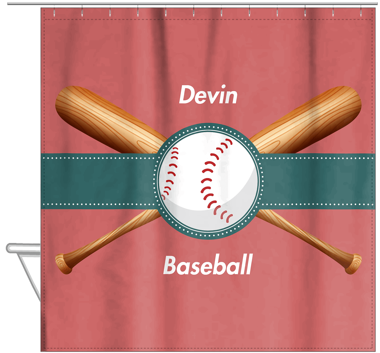 Personalized Baseball Shower Curtain VII - Light Red Background - Hanging View