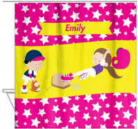 Thumbnail for Personalized Baseball Shower Curtain VIII - Pink Background - Brunette Girl - Hanging View